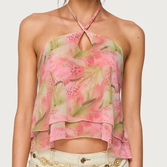 Edikted Tops - Edikted Pink Floral Layered Halter Crop Top
